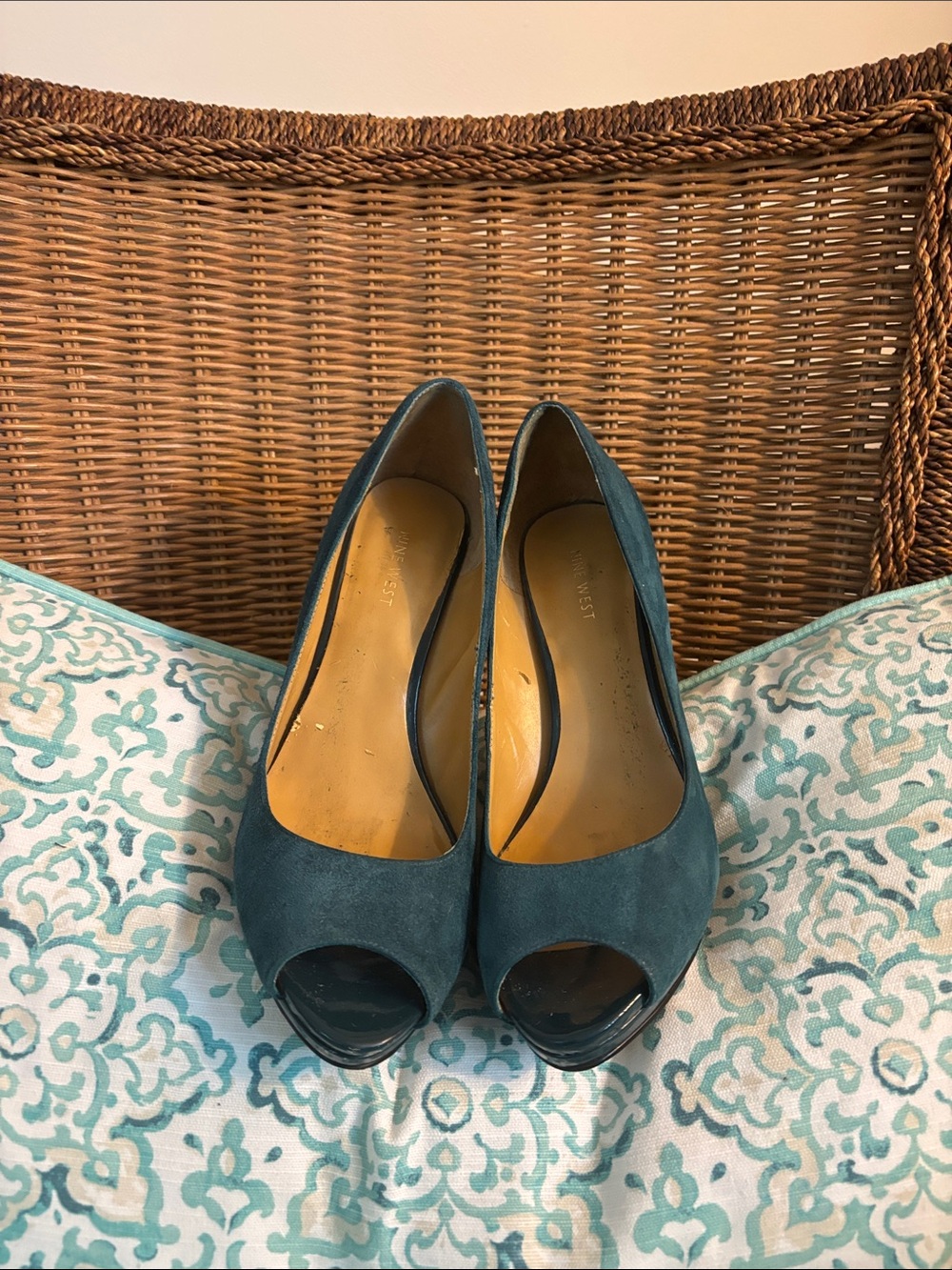 Nine West Teal Suede Peep-Toe Pumps